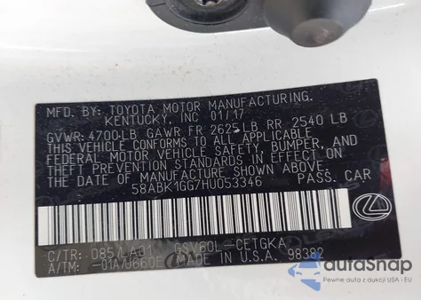 2017 Lexus Es 350 from USA, damaged, VIN 58ABK1GG7HU053346